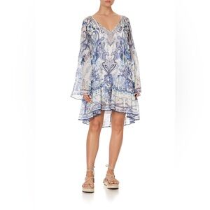 Camilla “Talking About a Revolution” blue white floral silk bell sleeve dress M
